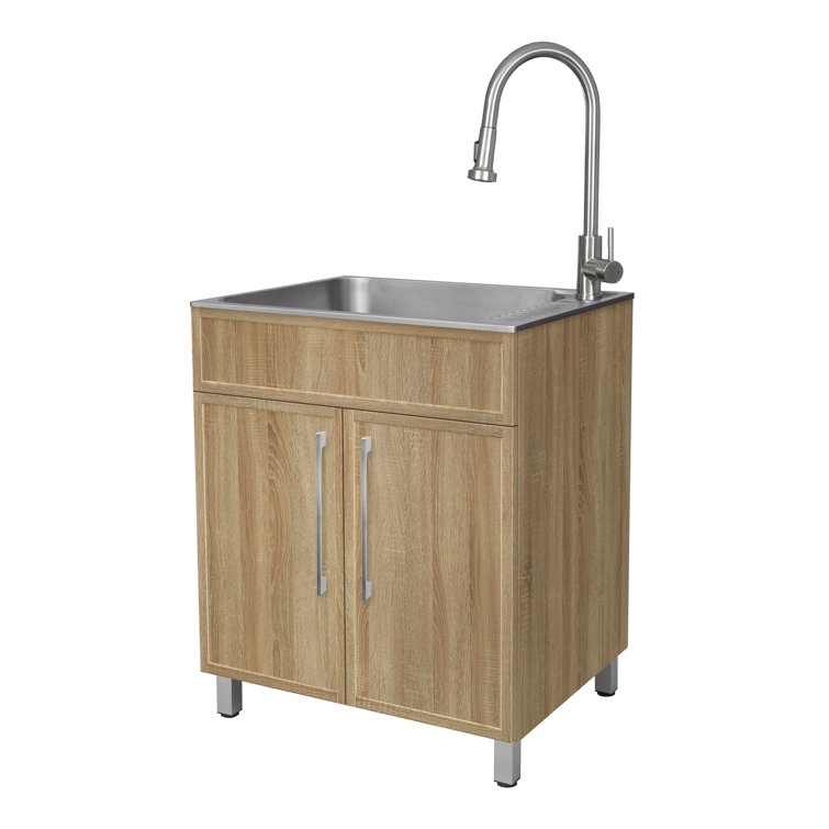 All-In-One W28 In. X D22 In. Stainless Steel Utility Sink With Pull-Down Faucet And Storage Cabinet In Matte White