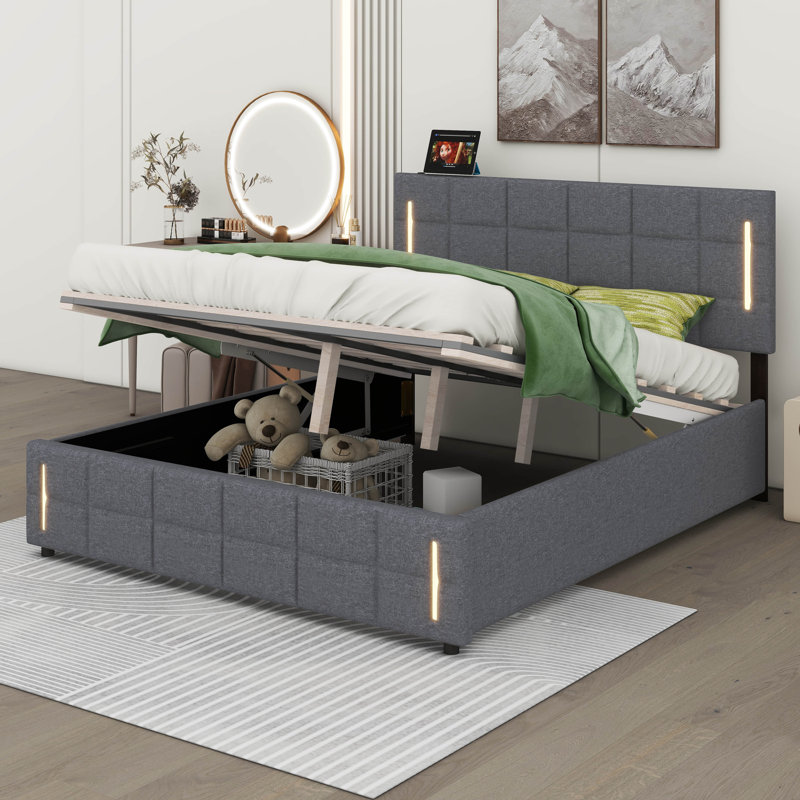 Lit plateforme avec rangement Nichlous, Gris, Grand lit