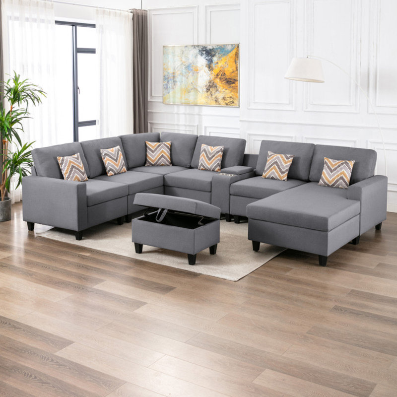 Canapé modulaire à méridienne réversible 8 pièces en tissu de 135 po avec pieds interchangeables, repose-pieds et USB