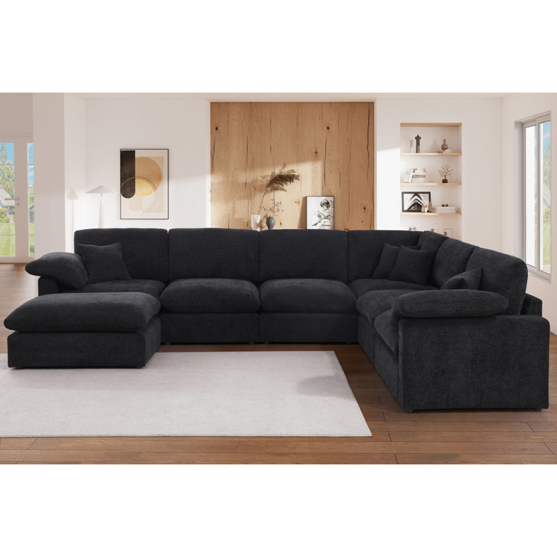 Reversible 7-Piece Corner Sectional Couch, Chenille Cloud Sofa With Removable Ottoman, Black Chenille