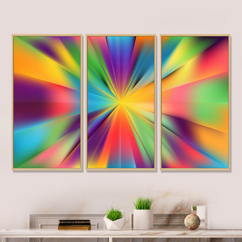 «Bright and Colorful Radial Rays», impression sur toile flottante 3 pièces, H 28 po x l 36 po x P 1 po, Cadre brun