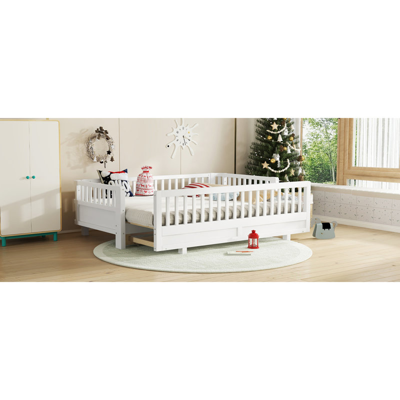 Twin XL Size Platform Bed With Guardrails, Convertible To Queen, Solid Wood Construction For Durability And Versatility