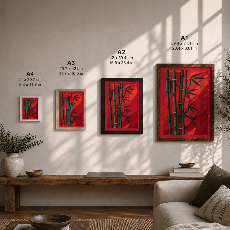 Crimson Bamboo Japandi - Framed Print, Oak, A3 - 42.0 x 29.7 cm