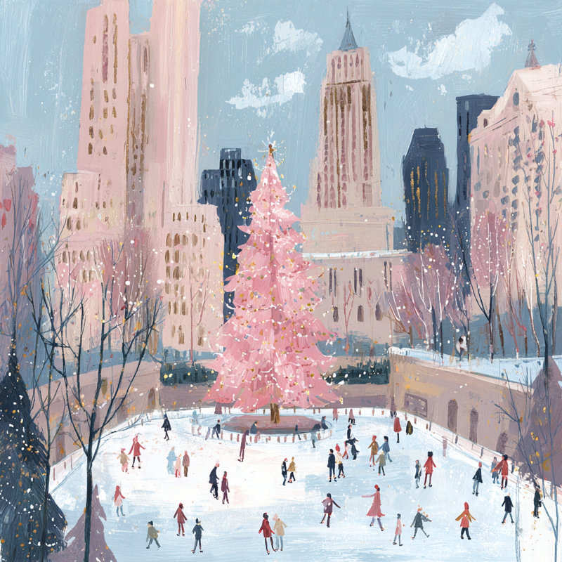 «Pink Tree City Skating», art mural sur toile, 40 po x 40 po