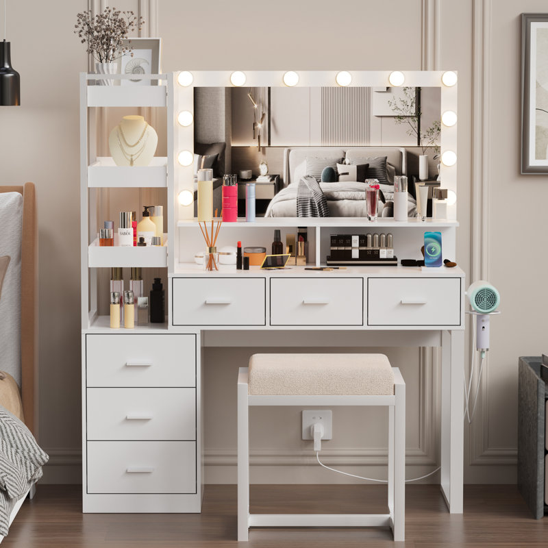 Meuble-lavabo Kelila avec miroir lumineux et station de charge, Blanc