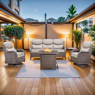 Patio Resin Wicker Furniture Set With Fire Pit Table, PE Rattan Swivel Patio Chairs With Propane Fire Pit Table, Brown Wicker 5PCS Patio Conversation Set