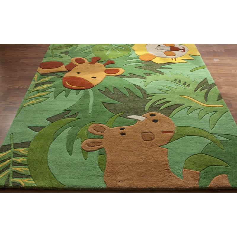 Tapis vert en laine Cradle Safari Friends, Rectangle 5 pi x 8 pi