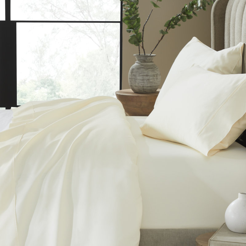 Ensemble de draps en coton uni 700 fils Pavo, Ensemble de draps pour très grand lit avec 2 taie, Ivoire, Fits up to 20"