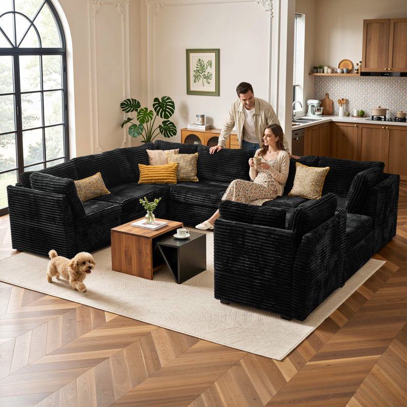 Canapé modulaire en velours côtelé en forme de U / l, 7 sièges, avec repose-pieds, combinaison aléatoire, Velours côtelé noir