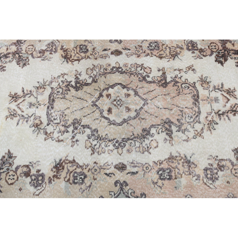 Vintage Turkish Floral Motif Area Rug Handwoven with Elegant Beige and Soft Pastel Colours