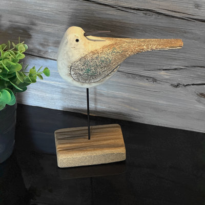 Statue d'oiseau marin en bois naturel blanc, brun et turquoise, avec tige métallique, hauteur 21 cm (8,25 pouces).