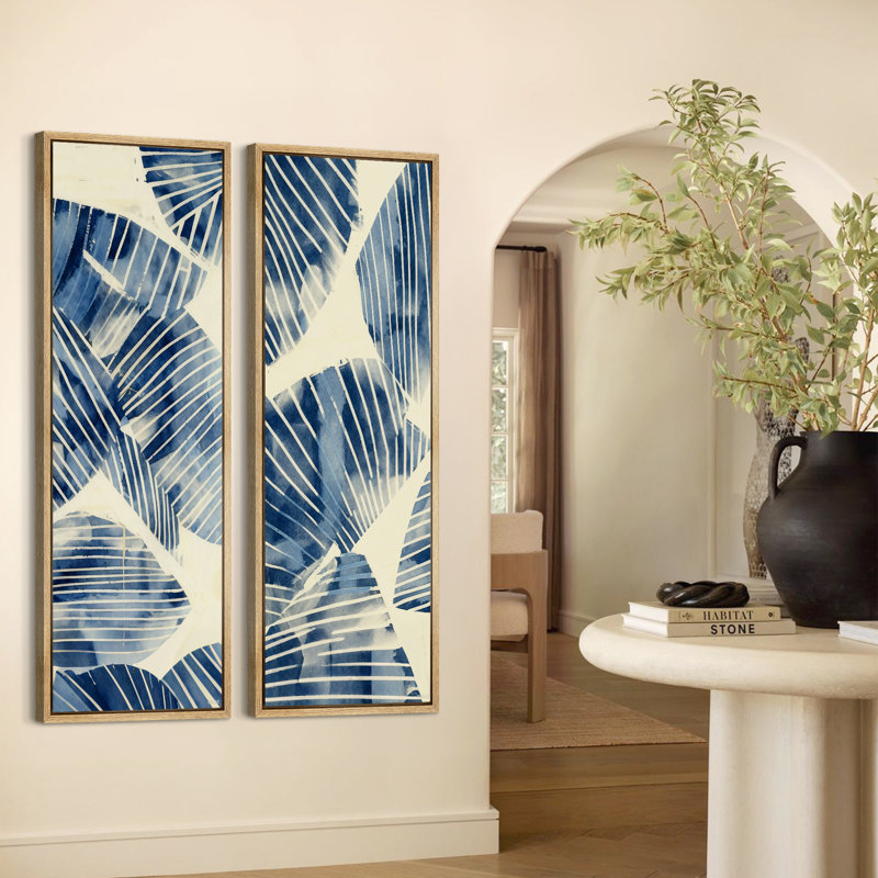 Large Framed Canvas Wall Art Set - Blue Botanical Leaf Modern Indigo Watercolor Beach House Prints - 60"x20"x2pcs, Natural