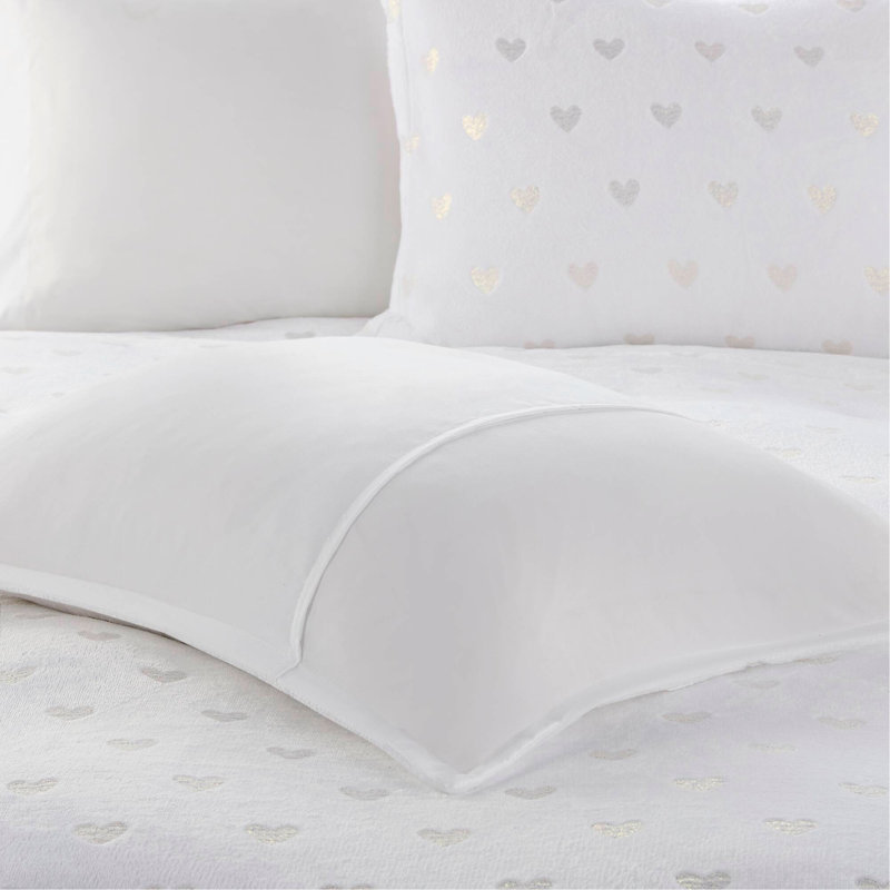 Ensemble d'édredon en peluche à imprimé métallique double / grand 4 pièces avec coussin décoratif blanc / or, Blanc