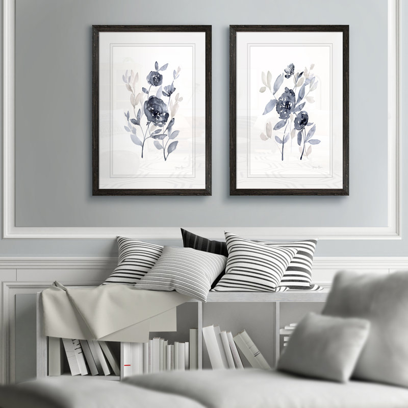 Pivoines en gris - ensemble de 2 reproductions d'art encadrées, H 24 po x l 18 po, Impression encadrée avec passe-partout