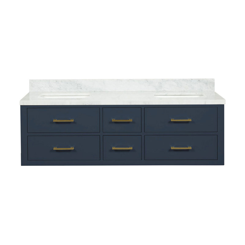Meuble-lavabo double 60 po bleu X P 22 po D, avec plateau en marbre de Carrare, Bleu