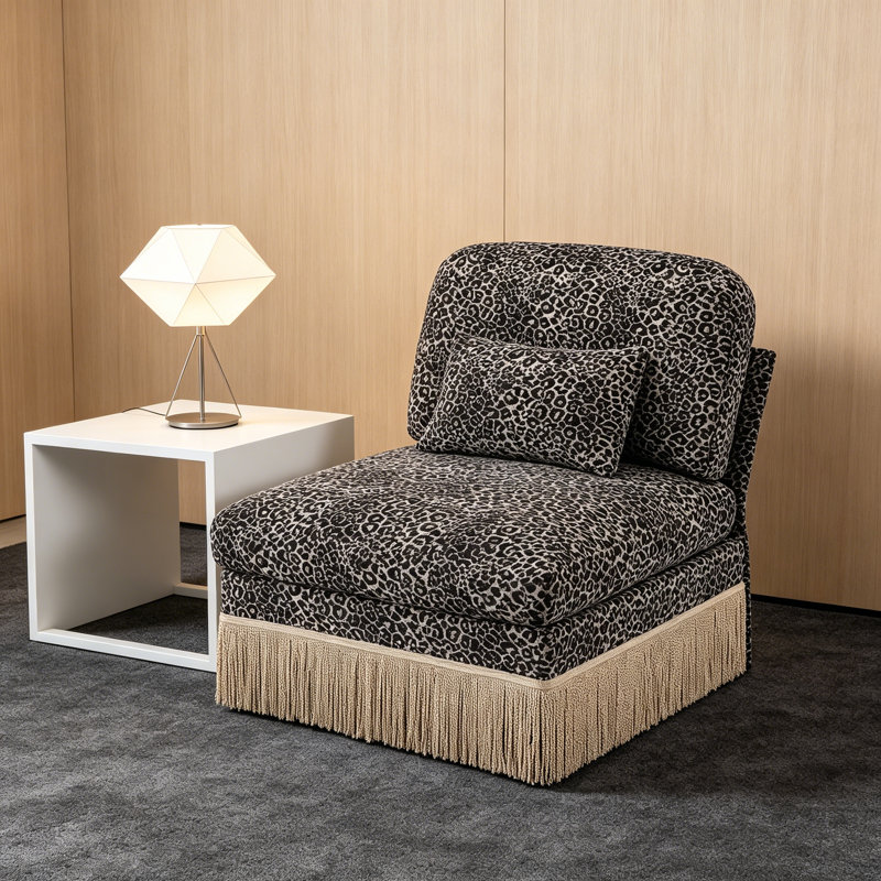 Armless Sofa Seat Leopard Chenille W/1 Pillow -Khaki Black, Khaki/Black