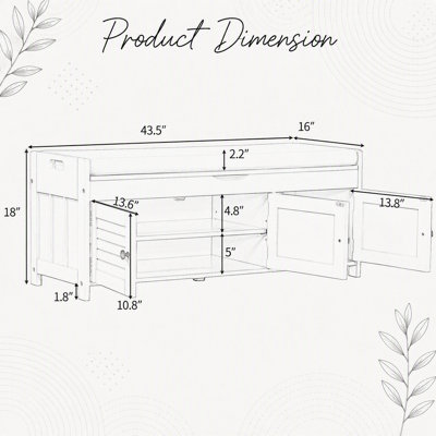 Banc de rangement avec 3 portes en forme de volet, banc à chaussures avec rangement caché