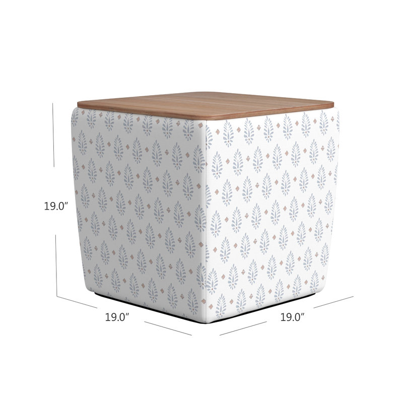 Repose-pieds Mody, dessus relevable en bois brun de 19 pouces, tissu à motif blanc