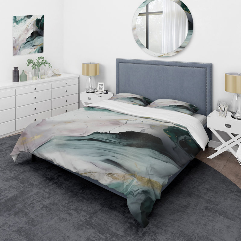 Ensemble de housse de couette en microfibre / polyester vert et blanc Contemplative Abstraction II Bedding