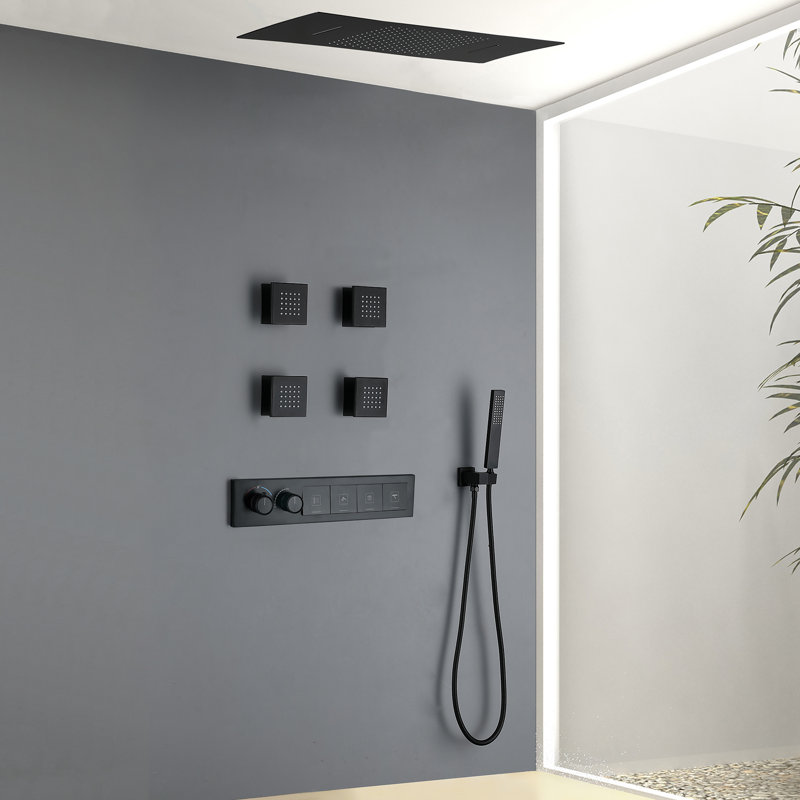 Luxury Ceiling Mounted 4-Function Thermostatic Shower System in Matte Black with Body Jets with Rough-in Valve, Matte Black