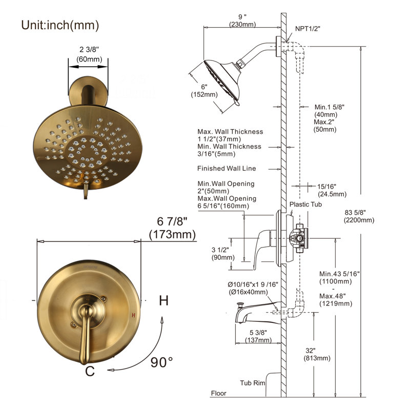 Single Handle 5-Spray Settings Shower Faucet With 6 In. High Pressure Rain Shower Head, Gold