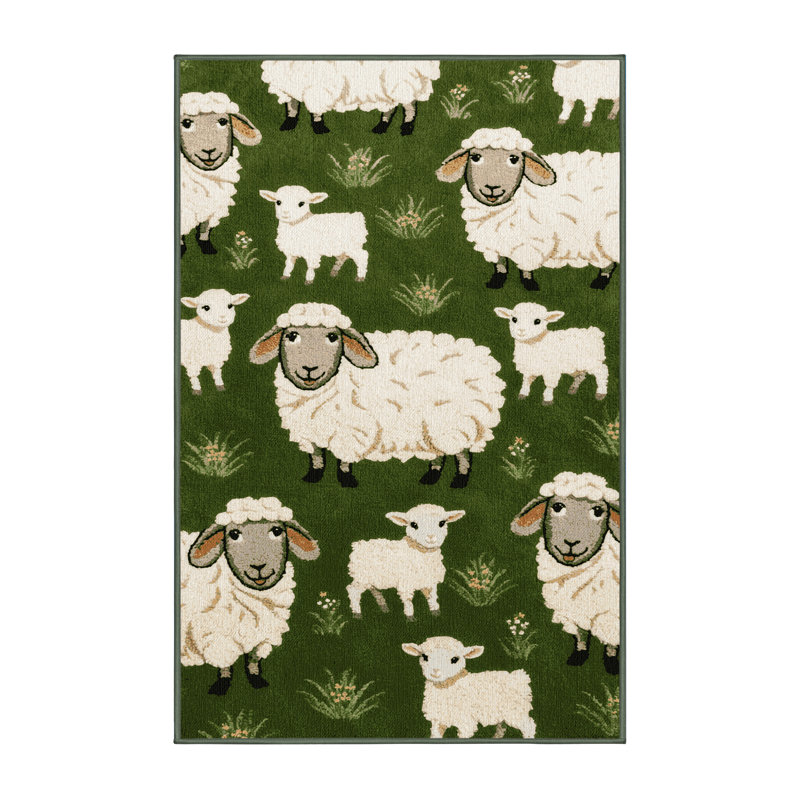  Tapis lavable avec moutons et agneaux, Rectangulaire 7 pi x 10 pi