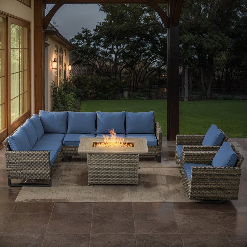 Ingvald 8- Person Outdoor PE Wicker Patio Conversation Set with Fire Pit and Cushions, Gray, Blue