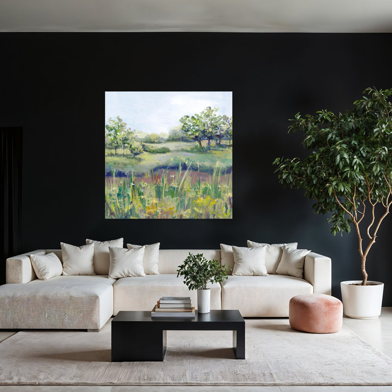 «Tranquil Meadow in Sunlight Abstract Contemporary Landscape Nature», art mural, H 48 po x l 48 po