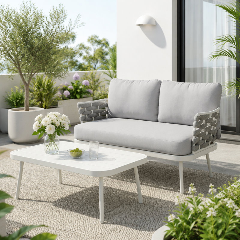 Causeuse et table en acier, Off-White+Grey