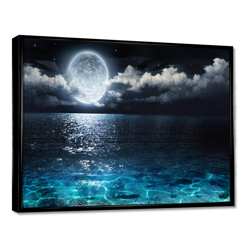 " Romantic Full Moon Over Sea ", 16" H x 32" W, Black Floater Framed