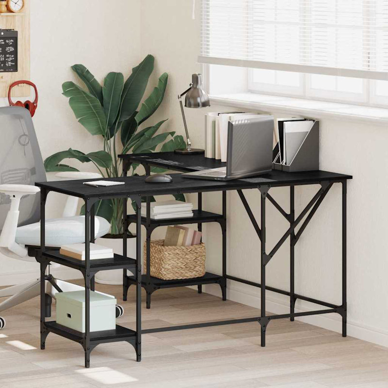 L-Shaped Steel Computer Desk, Black Oak