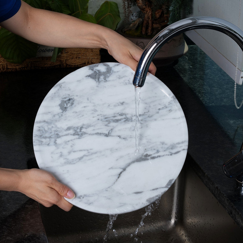 Guein 12” Round Natural Marble Tray, Arabescato