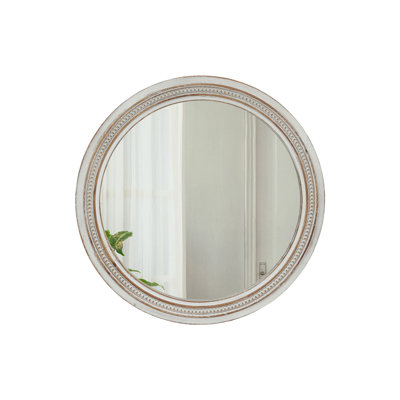 Vintage Round Wall Mirror, 23.62" Decorative Distressed White Frame Mirror With Ornate Beaded Trim For Bathroom/Living Room/Entryway