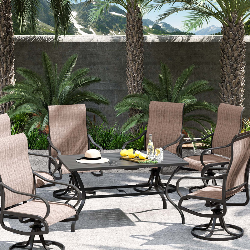 YZ Outdoor 6 Piece Swivel Chair with 1 Metal Table, Brown