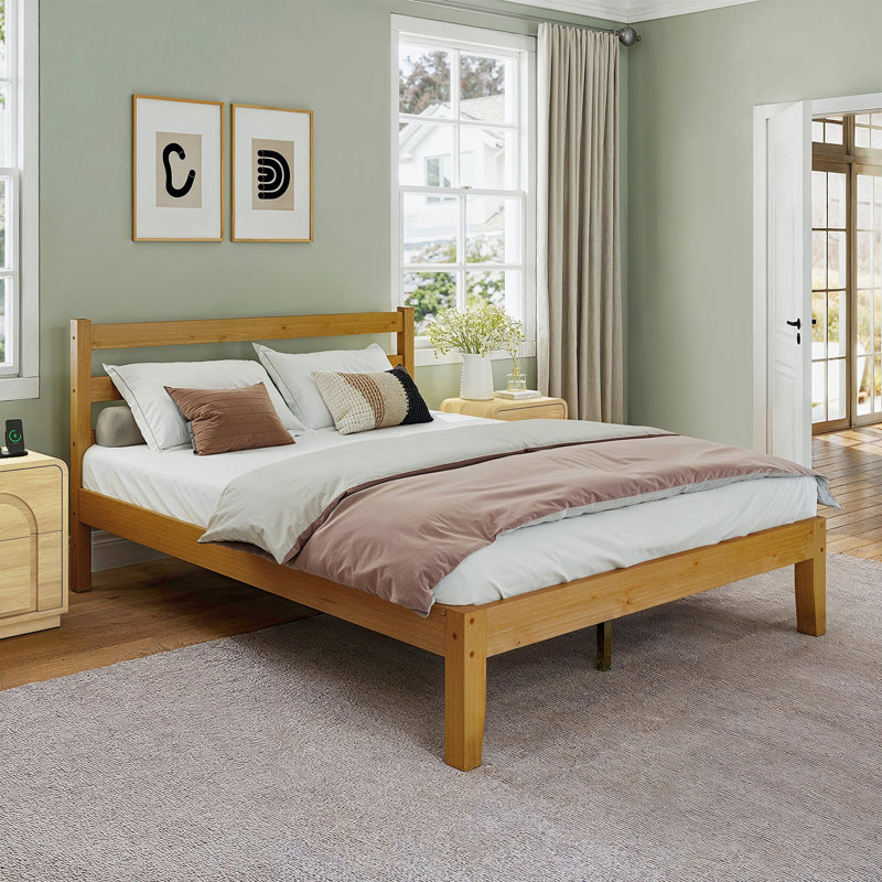Mid-Century Solid Wood Platform Bed with Headboard, Modern Bed Frame with Quiet & Sturdy Support - No Box Spring Needed