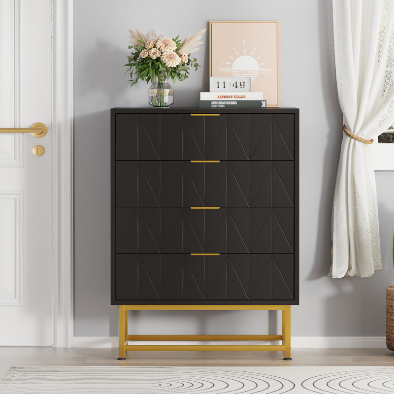 Commode moderne à 4 tiroirs, commode en bois avec poignées en métal, Noir