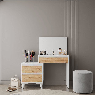 Venus Mirrored Drawer Makeup Vanity – Elegant Wood White & Atlantic Pine with Mirrored Drawers