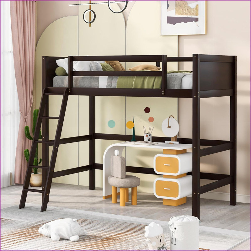 Lit mezzanine simple en bois de pin massif avec échelle espresso - aucun sommier nécessaire pour la chambre à coucher
