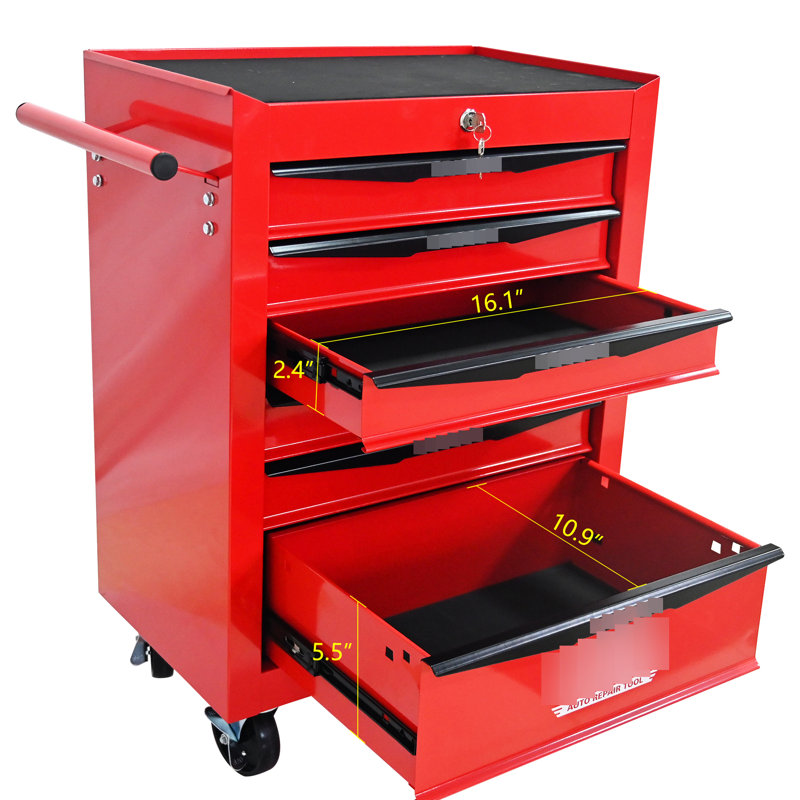 Chariot à outils à 6 tiroirs, 4, construction en acier, verrouillage par clé, comptoir lisse, acier rouge et noir 20,22 x 12,91 x 26,42 pouces, roues universelles