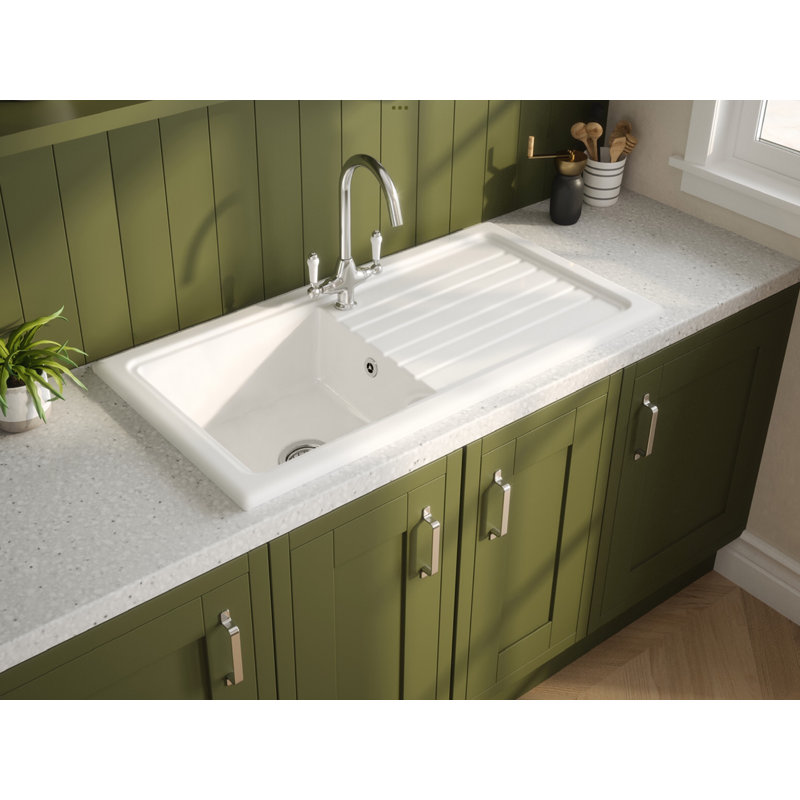 Reginox Traditional White Ceramic Single Bowl Kitchen Sink with Drainer & Waste, Satin