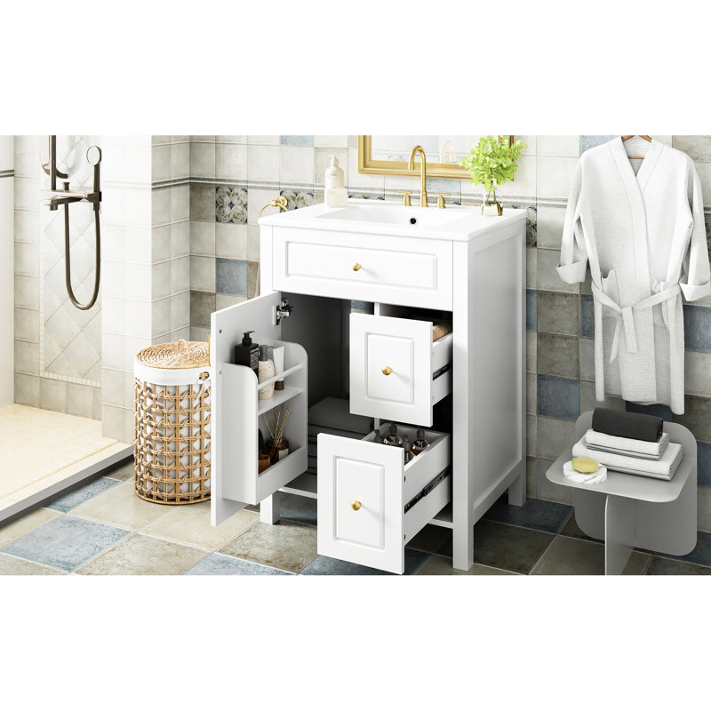 Meuble-lavabo de 61 cm (24 pouces) avec lavabo en céramique, rangement astucieux avec tiroir et porte-étagère, fermeture amortie, tiroirs en bois massif et structure double.