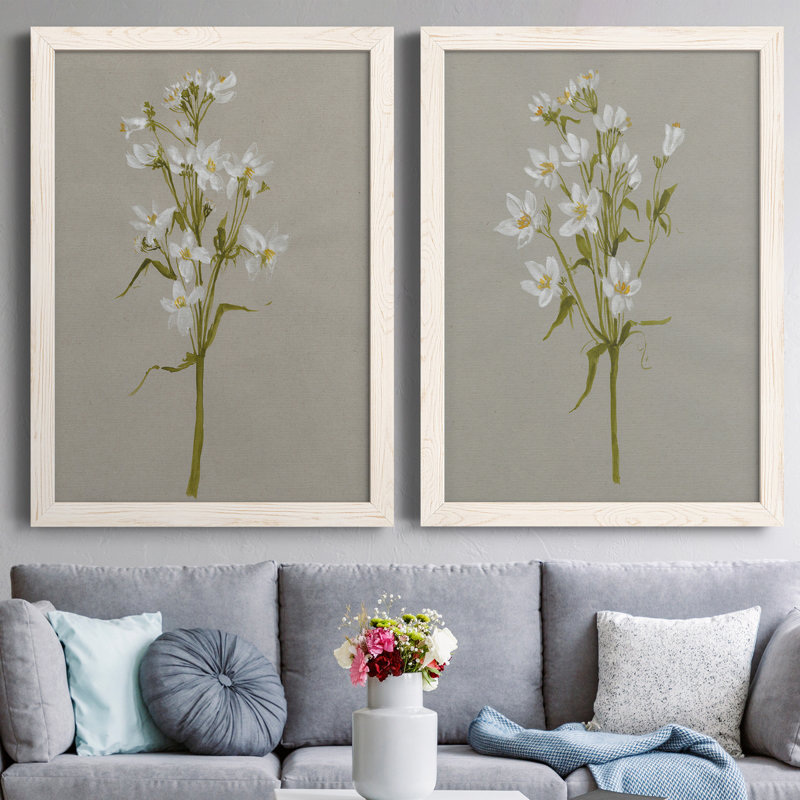 «White Field Flowers I», ensemble de 2 peintures sur toile encadrées, H 37,5 po x l 55 po x P 1,5 po, Blanc