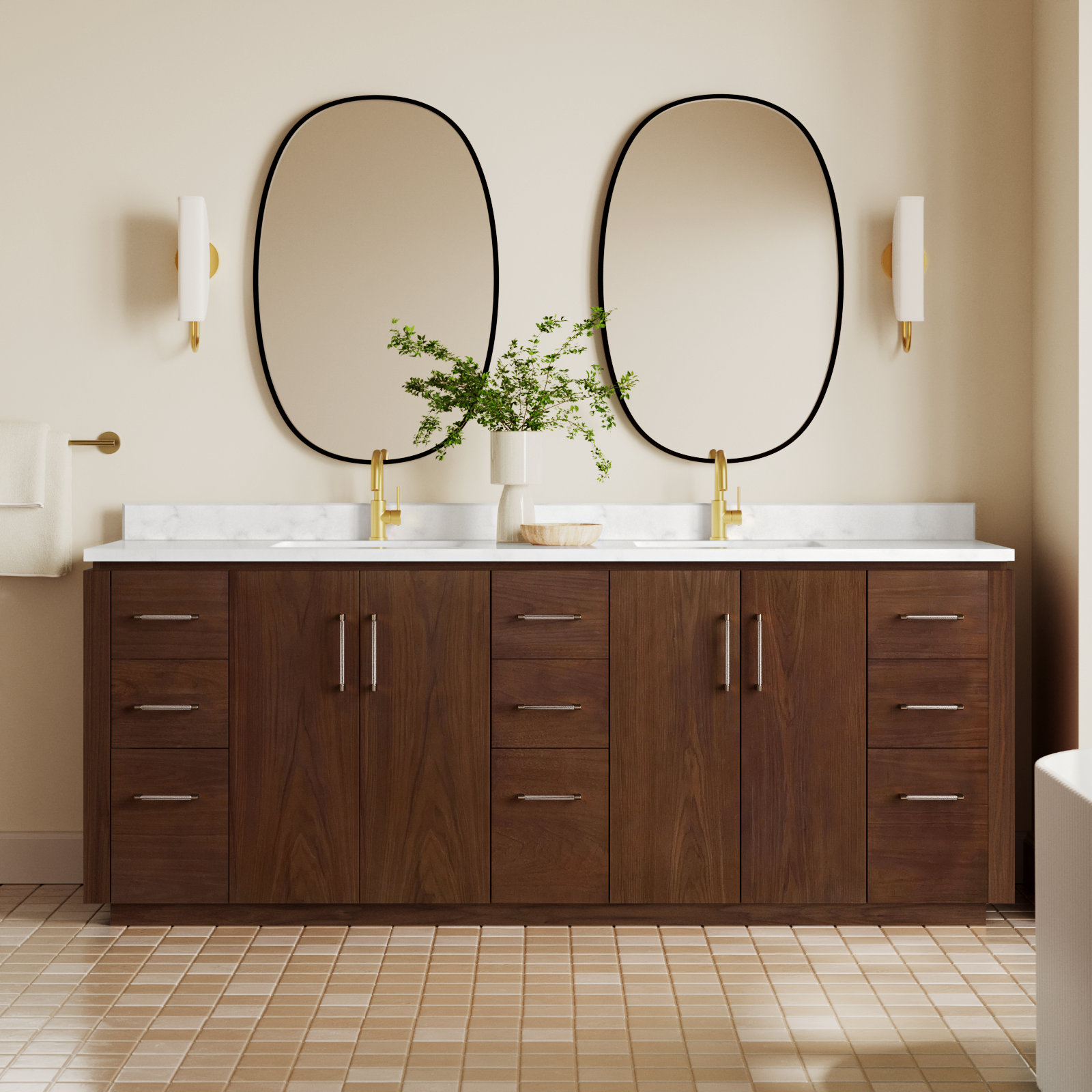 Cloverfield 84'' Double Bathroom Vanity, Natural Walnut, Gold