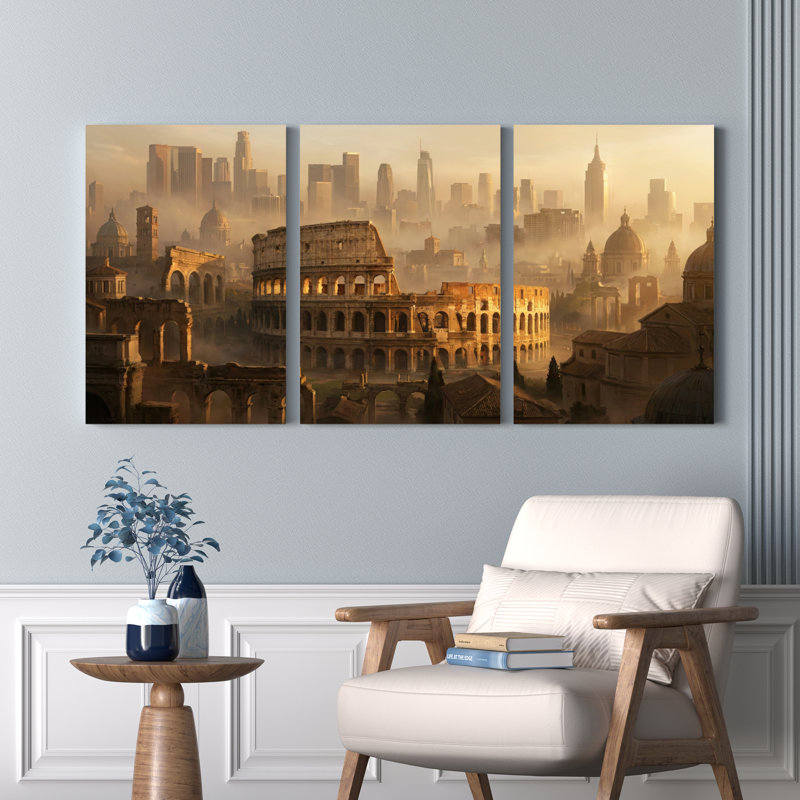 «Rome Colosseum And Modern Cityscape», ensemble de 3 reproductions d'art sur toile, 2436