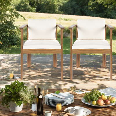 Ensemble de 2 chaises de salle à manger modernes pour le patio, bois d'acacia, coussins crème