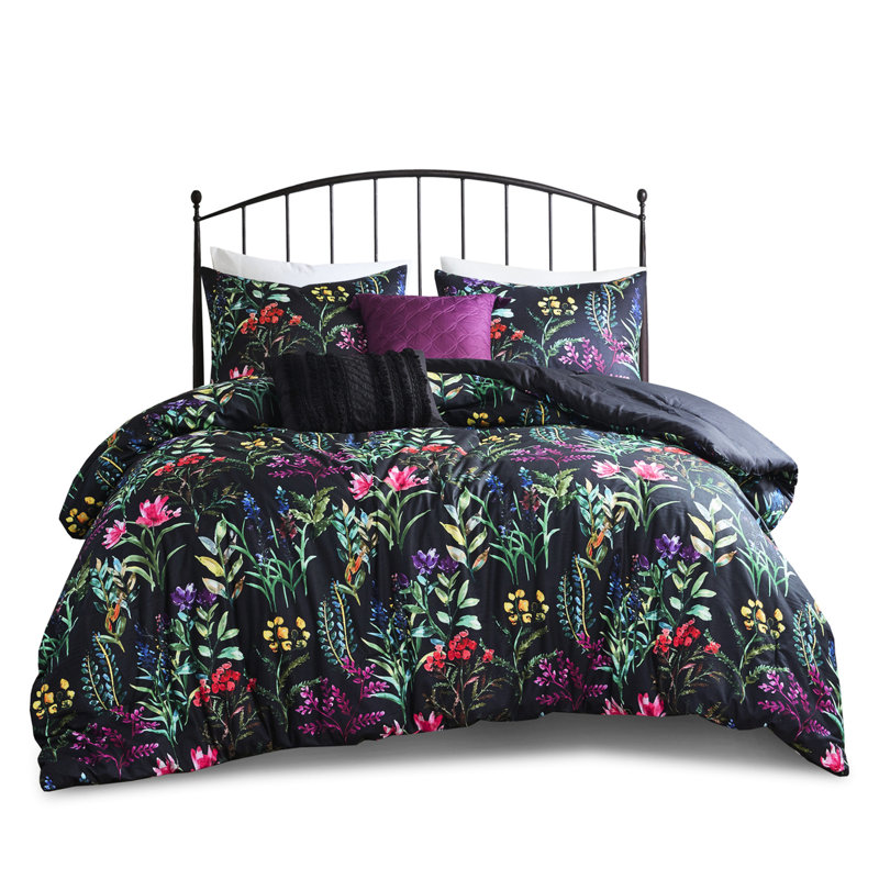 5 Piece Comforter For Full/Queen, Black With Appealing Botanical Print, , 2 Decorative Pillows, Matching Shams, , Machine Washable Full/Queen , Piece, Print Accent,
