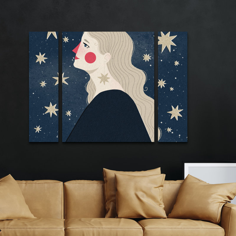 Ensemble de 3 panneaux muraux - Julia Leister «Stargazing», art mural sur toile pour le salon, la chambre à coucher ou le bureau 