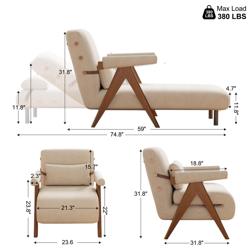 Casimir Convertible 3-in-1 Sofa, 31.8" H x 23.6" W x 74.8" D, Ivory