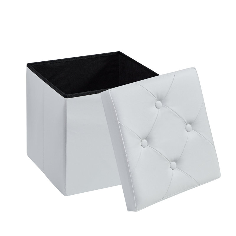 Alnita Faux Leather Square Solid Colour Ottoman with Storage, White Faux Leather