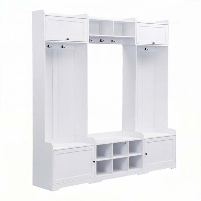 Wide Modern Hall Tree with Shoe Storage, 8 Cubbies, 7 Coat Hooks & Adjustable Shelf